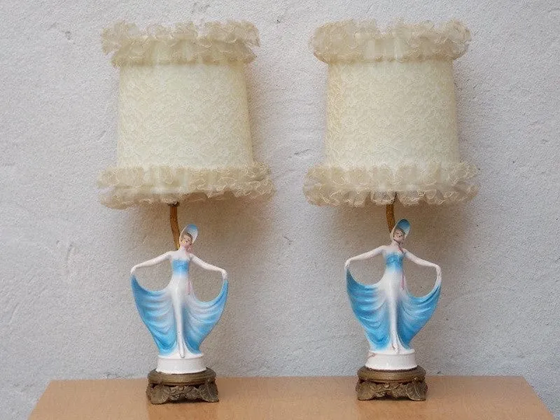 Pair French Provincial Young Girl With Blue Dress Dresser Lamps