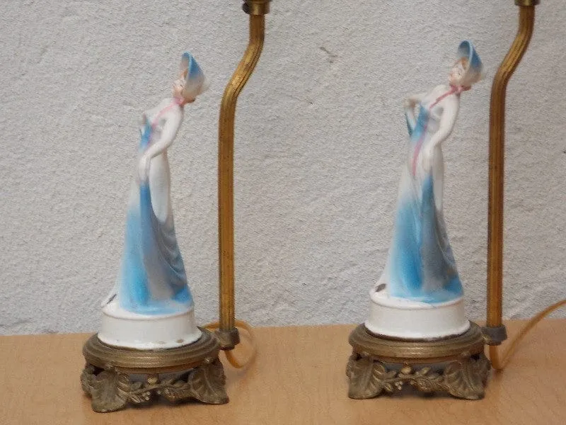 Pair French Provincial Young Girl With Blue Dress Dresser Lamps