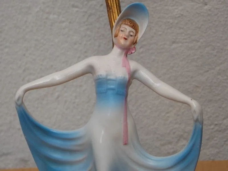 Pair French Provincial Young Girl With Blue Dress Dresser Lamps