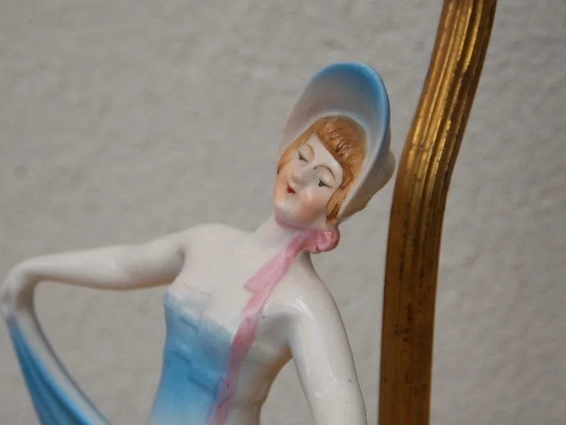 Pair French Provincial Young Girl With Blue Dress Dresser Lamps