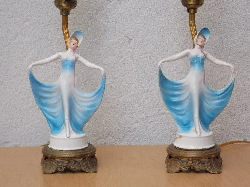 Pair French Provincial Young Girl With Blue Dress Dresser Lamps