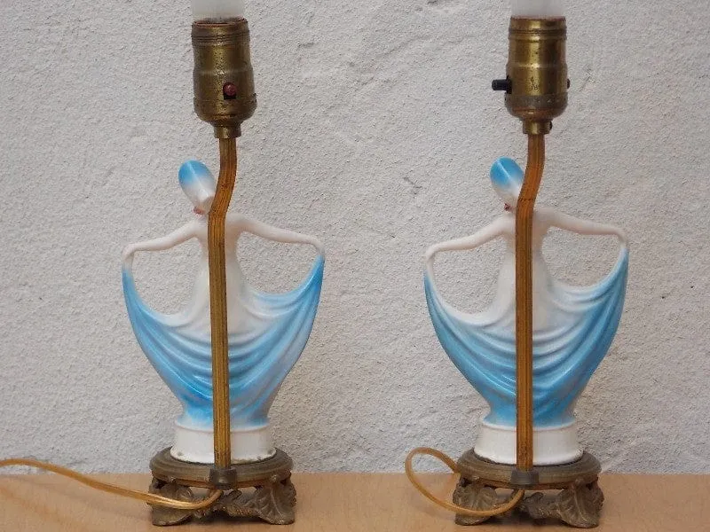 Pair French Provincial Young Girl With Blue Dress Dresser Lamps