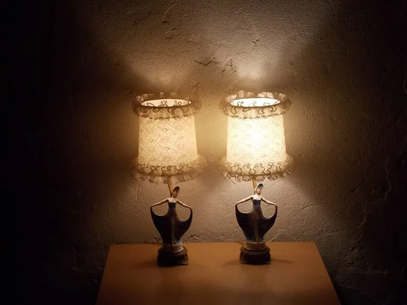Pair French Provincial Young Girl With Blue Dress Dresser Lamps