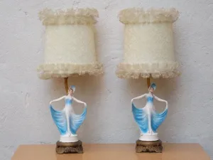 Pair French Provincial Young Girl With Blue Dress Dresser Lamps
