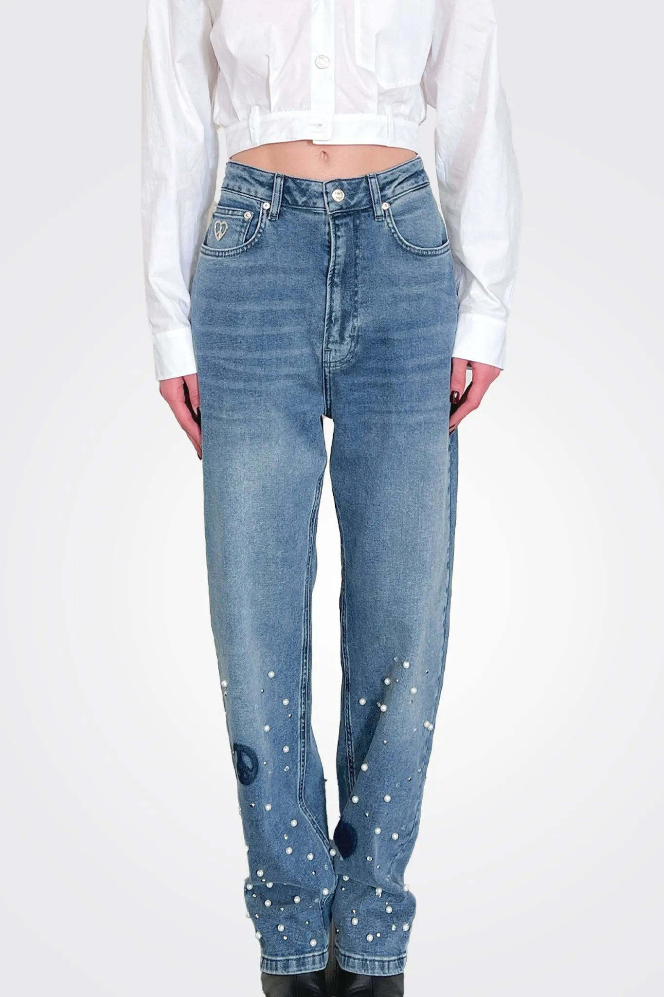 Patched Embellished Jeans - Blue
