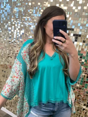 Patchwork Knit Drop Shoulder Top by POL - Tropical Peacock