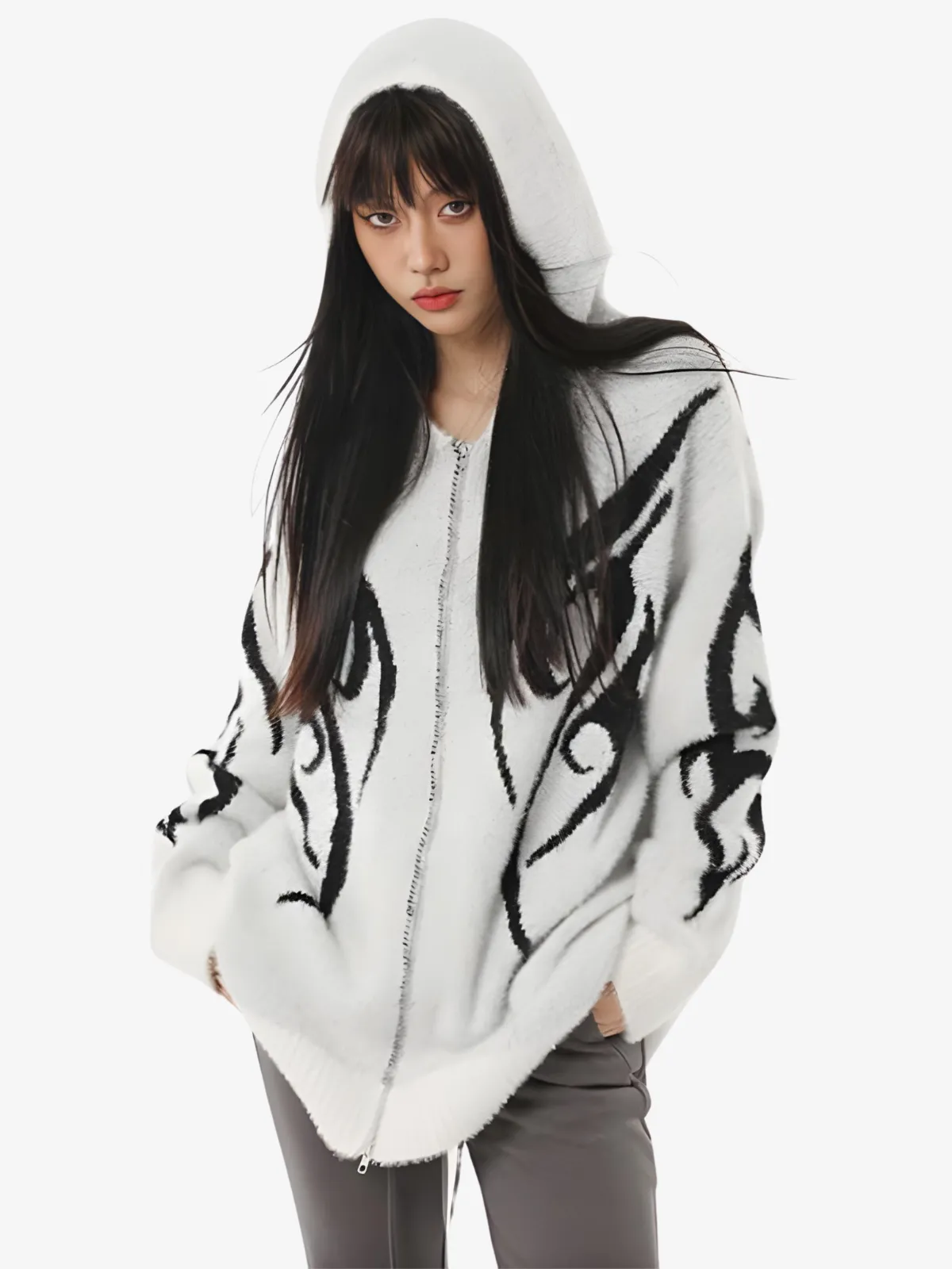 PATTERNED ZIP UP CARDIGAN HOODIE