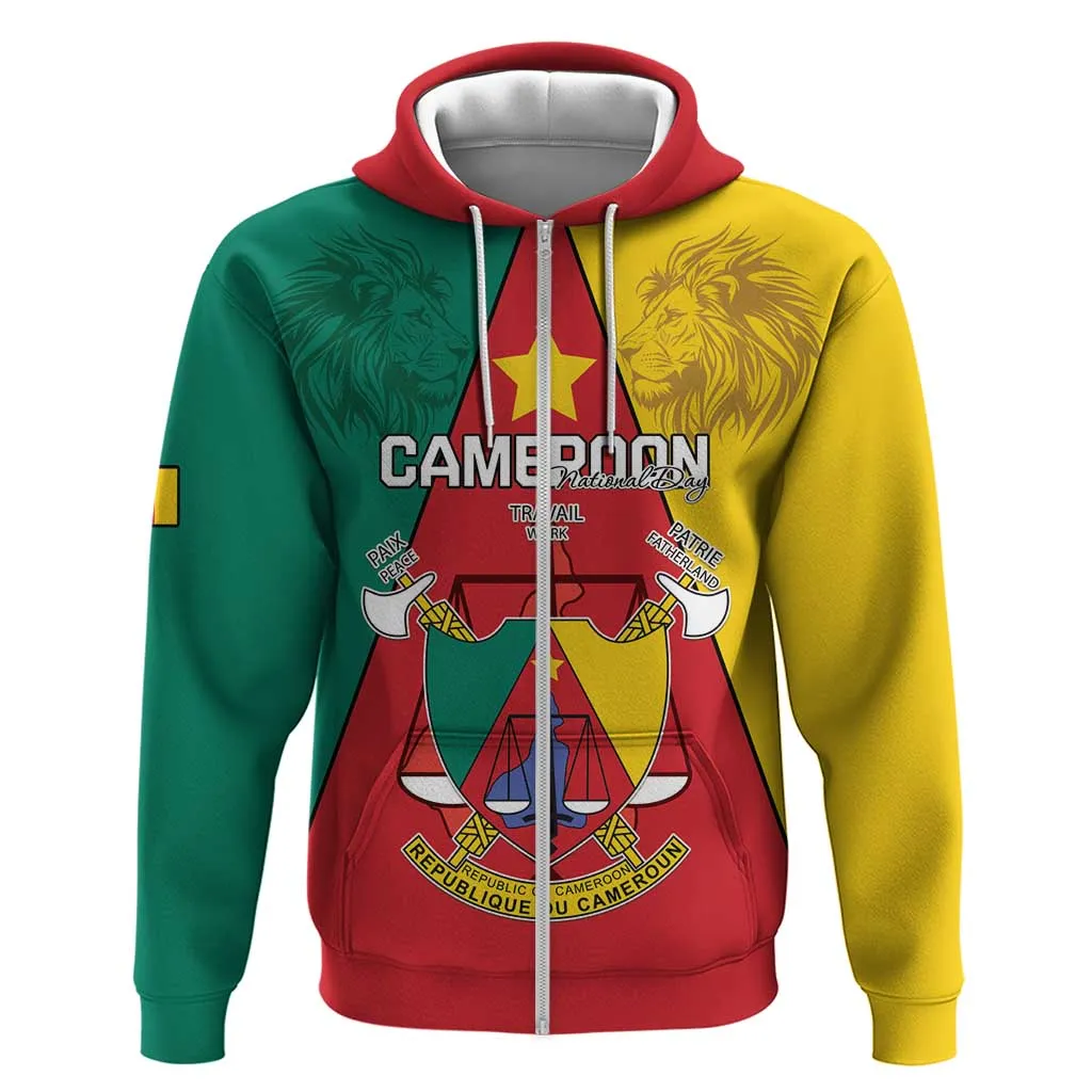 Personalised Cameroon National Day Zip Hoodie Lion Mix Coat Of Arms Style LT15