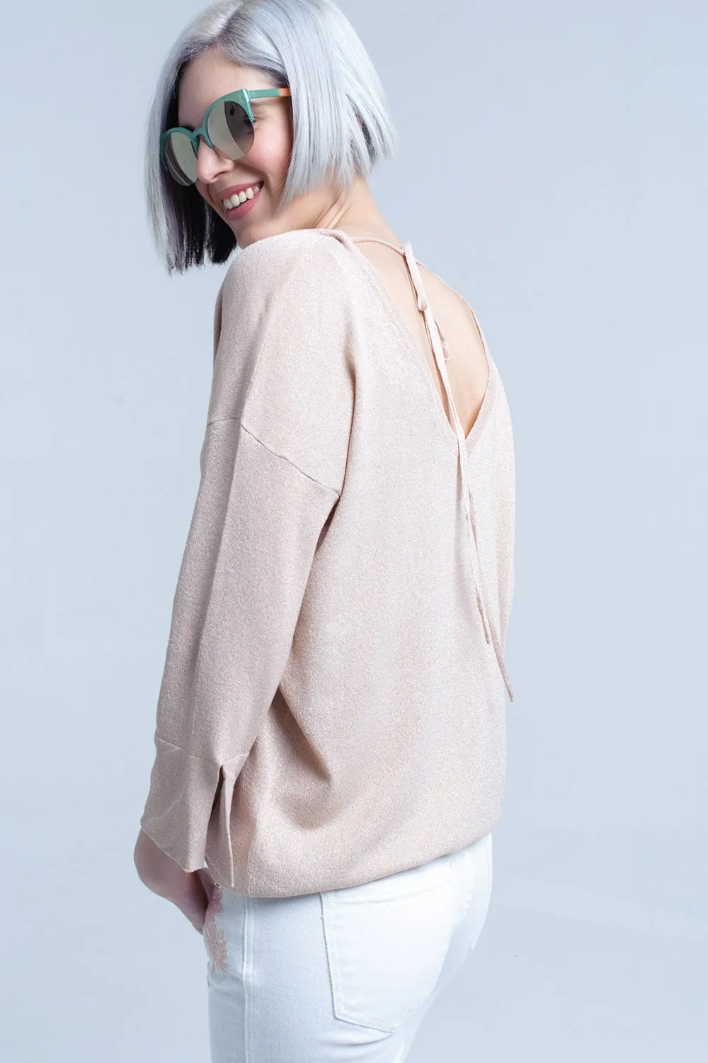 Pink knit sweater with gold lurex detail