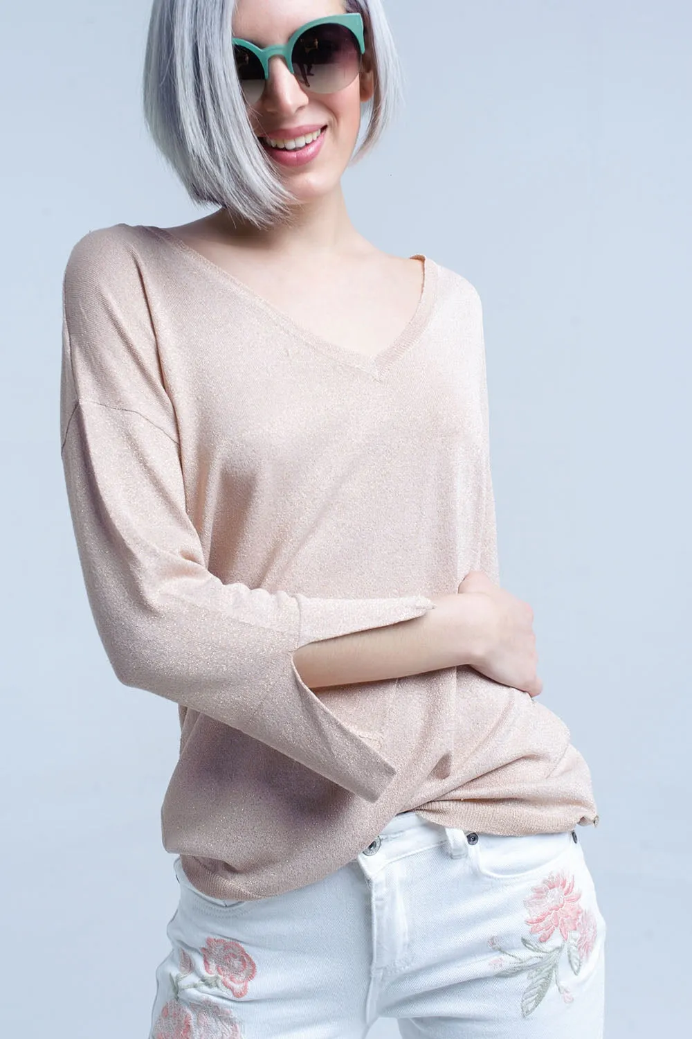 Pink knit sweater with gold lurex detail