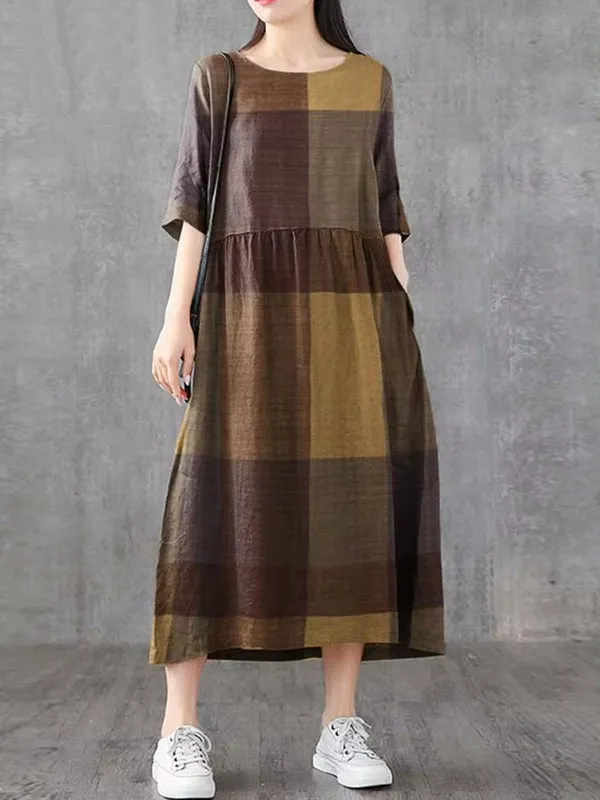 Plaid Half Sleeve Pocket Women Midi Dresses