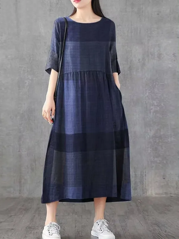 Plaid Half Sleeve Pocket Women Midi Dresses
