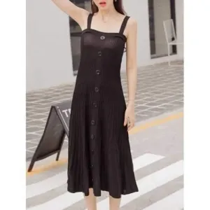Pleated Sleeveless Knit Dress - Black One Size