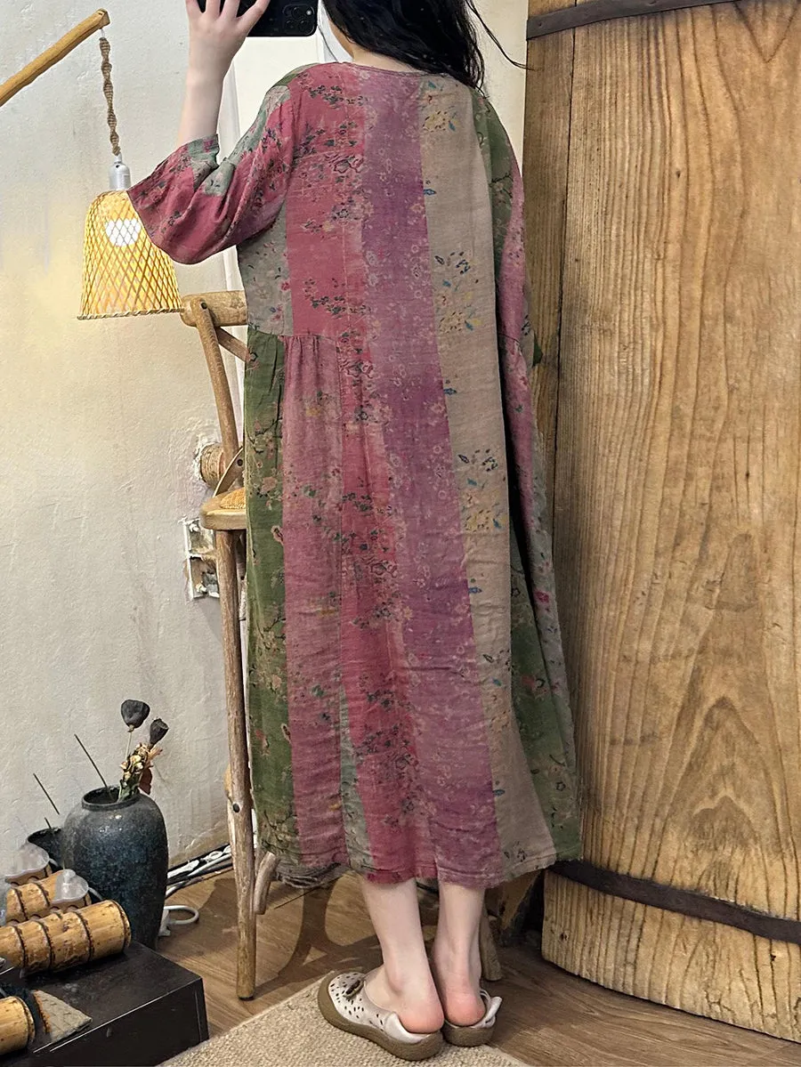 Plus Size Women Summer Vintage Spliced Buckle Cotton Dress