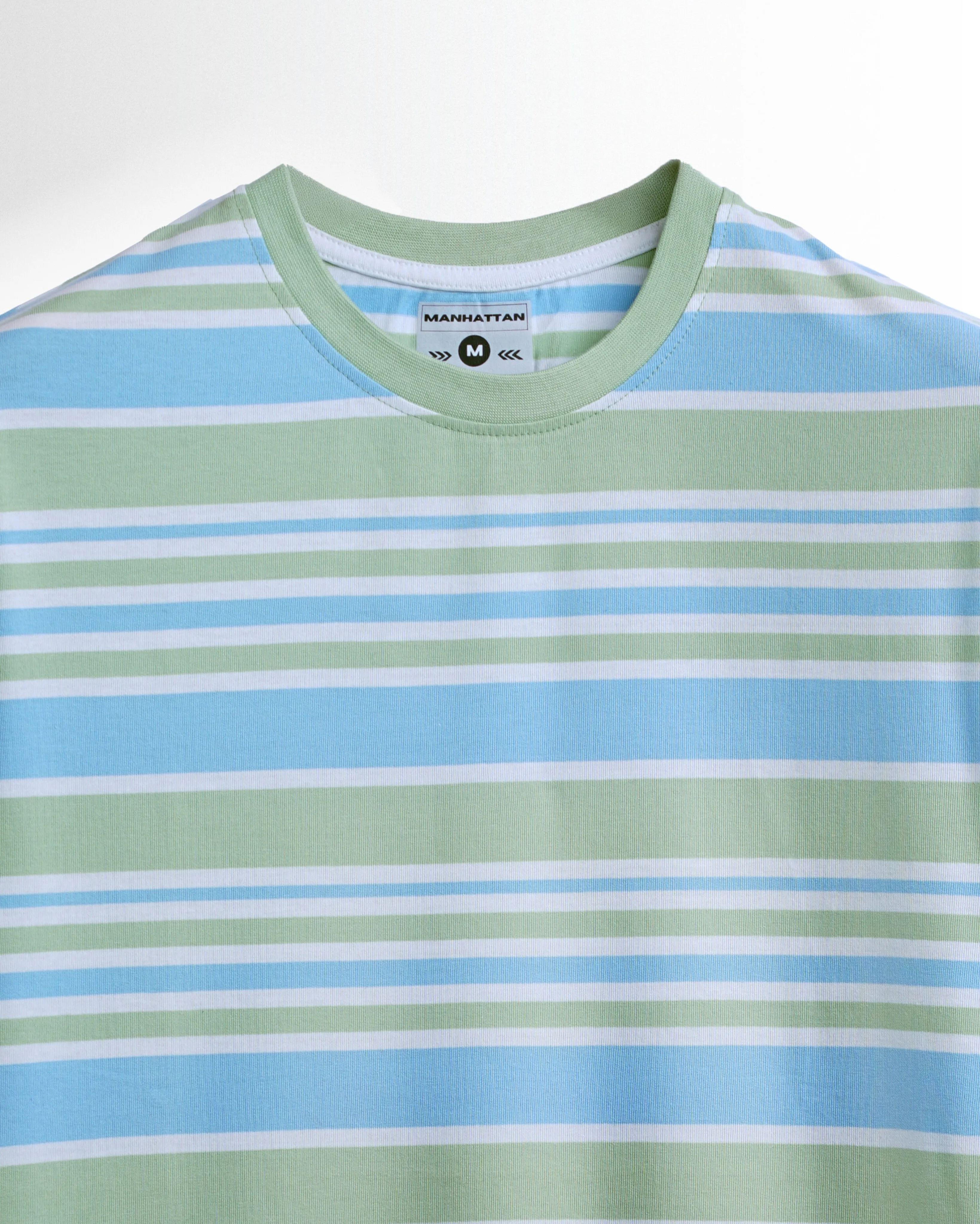 Premium Yarn Striped Cotton T-Shirts (Green/Blue/White)