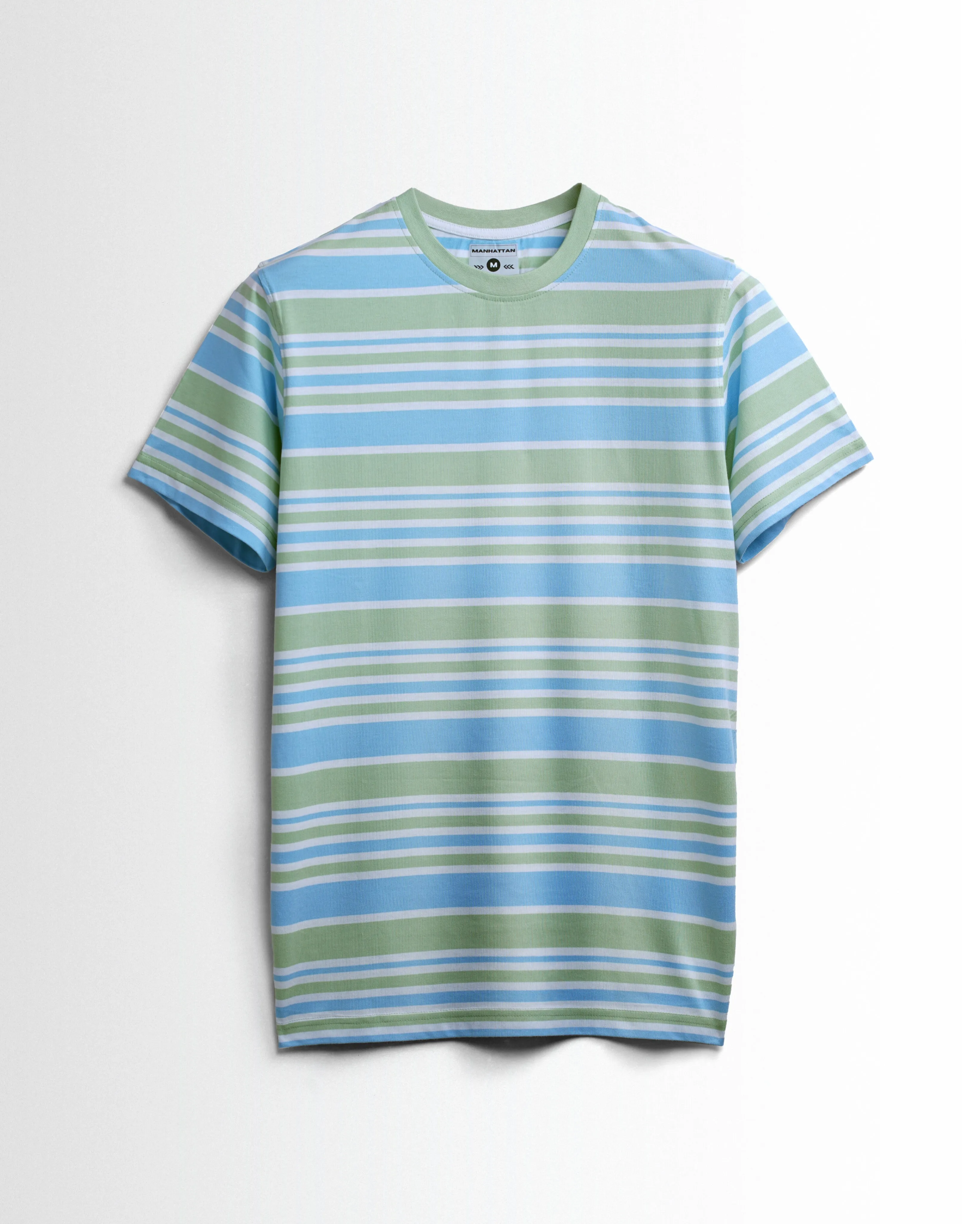 Premium Yarn Striped Cotton T-Shirts (Green/Blue/White)