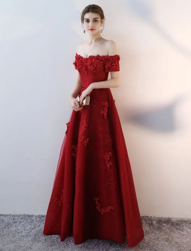 Prom Dresses Long Burgundy Off The Shoulder Prom Dress Lace Applique Heavy Beading Sash Floor Length Formal Evening Dress