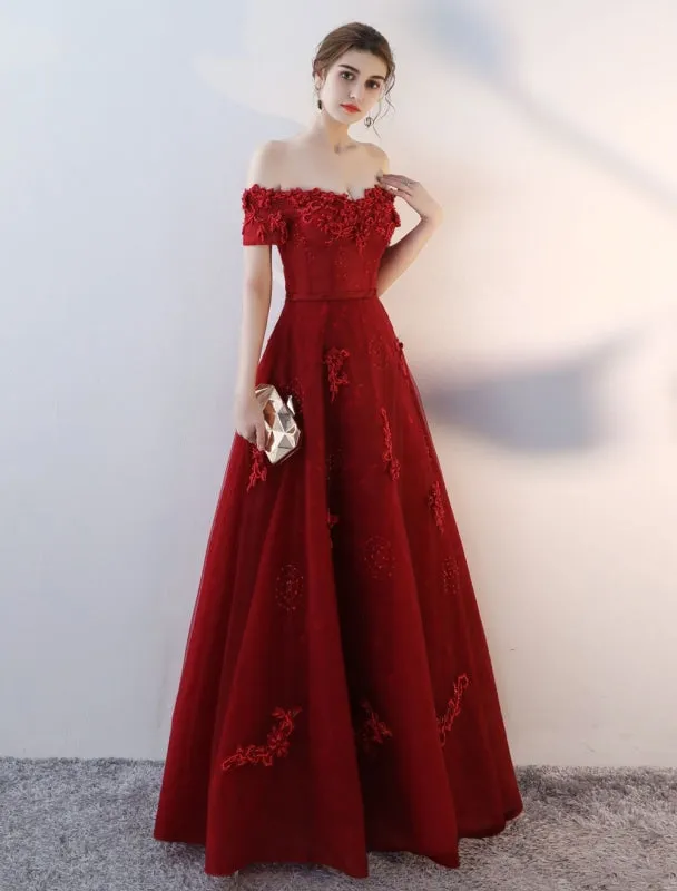 Prom Dresses Long Burgundy Off The Shoulder Prom Dress Lace Applique Heavy Beading Sash Floor Length Formal Evening Dress