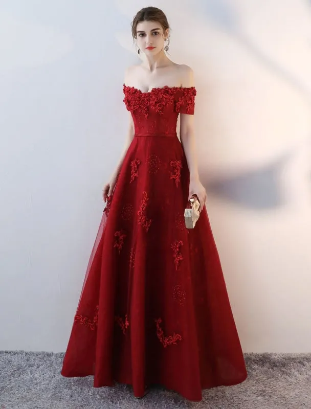 Prom Dresses Long Burgundy Off The Shoulder Prom Dress Lace Applique Heavy Beading Sash Floor Length Formal Evening Dress