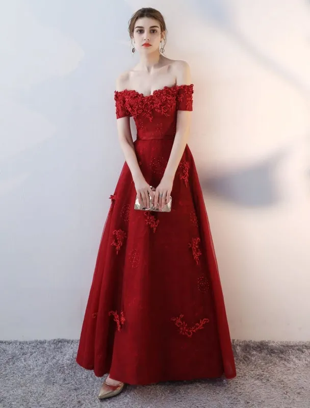 Prom Dresses Long Burgundy Off The Shoulder Prom Dress Lace Applique Heavy Beading Sash Floor Length Formal Evening Dress