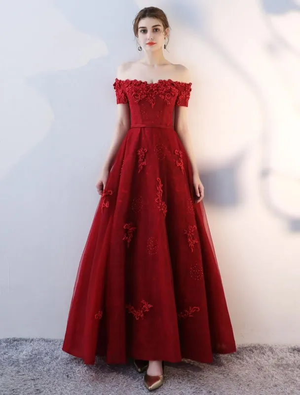 Prom Dresses Long Burgundy Off The Shoulder Prom Dress Lace Applique Heavy Beading Sash Floor Length Formal Evening Dress