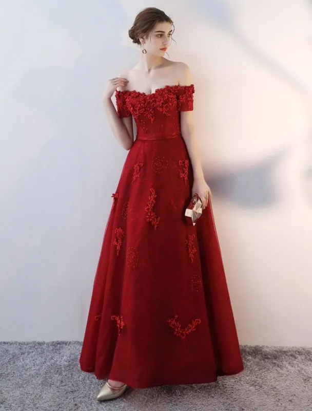 Prom Dresses Long Burgundy Off The Shoulder Prom Dress Lace Applique Heavy Beading Sash Floor Length Formal Evening Dress