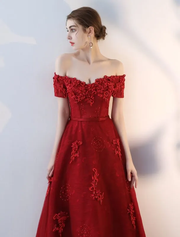 Prom Dresses Long Burgundy Off The Shoulder Prom Dress Lace Applique Heavy Beading Sash Floor Length Formal Evening Dress