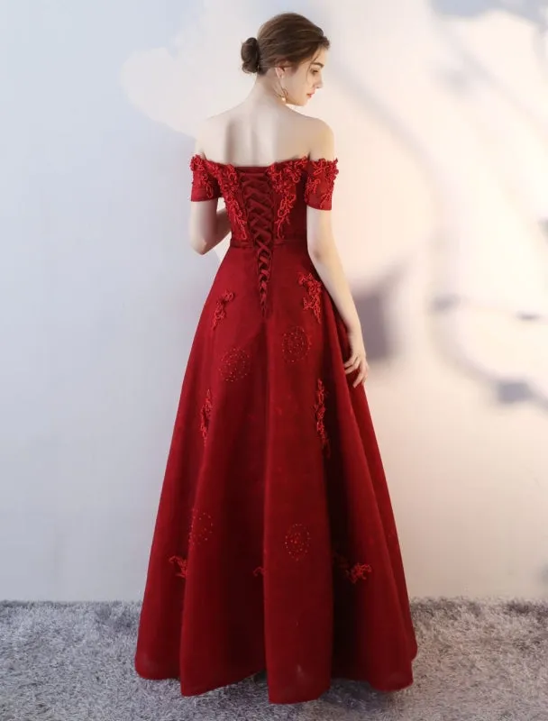 Prom Dresses Long Burgundy Off The Shoulder Prom Dress Lace Applique Heavy Beading Sash Floor Length Formal Evening Dress