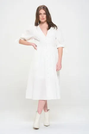 PUFF SLEEVE TEXTURED BUTTON DOWN MIDI DRESS, Jade by Jane(Plus size only)