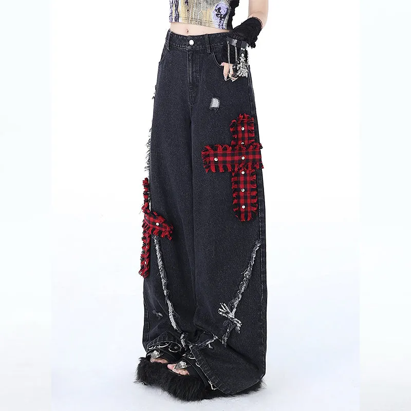 Punk Girl Style Ripped Straight Wide Leg Jeans