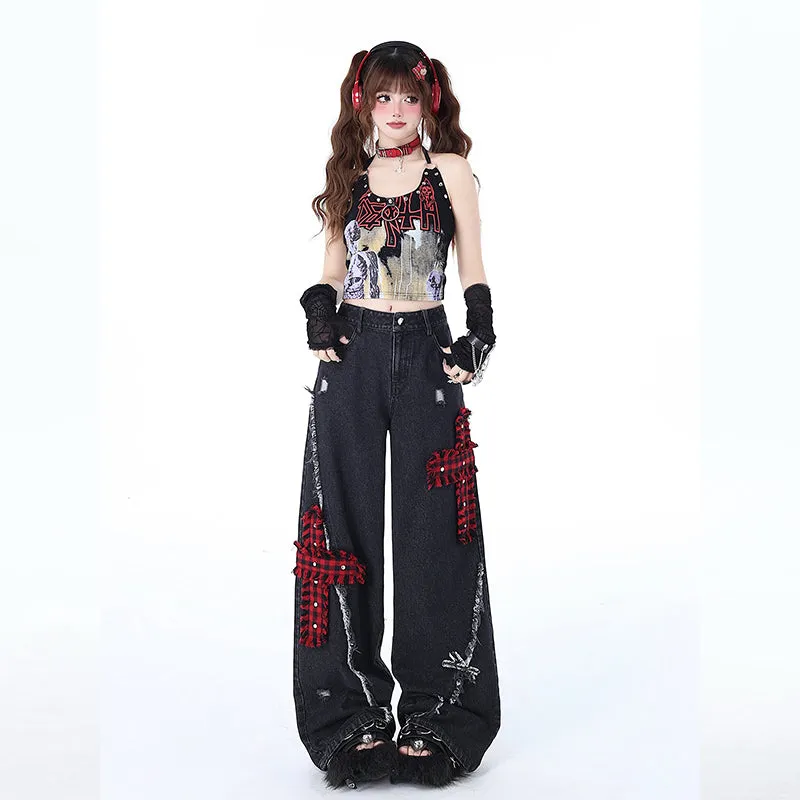 Punk Girl Style Ripped Straight Wide Leg Jeans