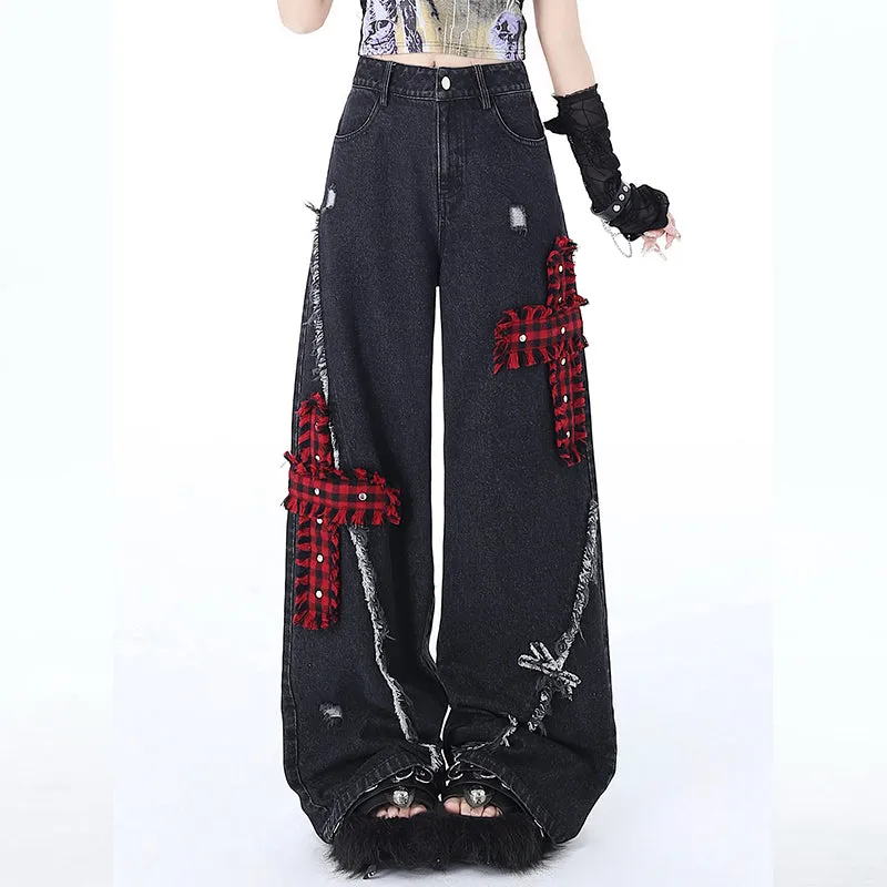 Punk Girl Style Ripped Straight Wide Leg Jeans