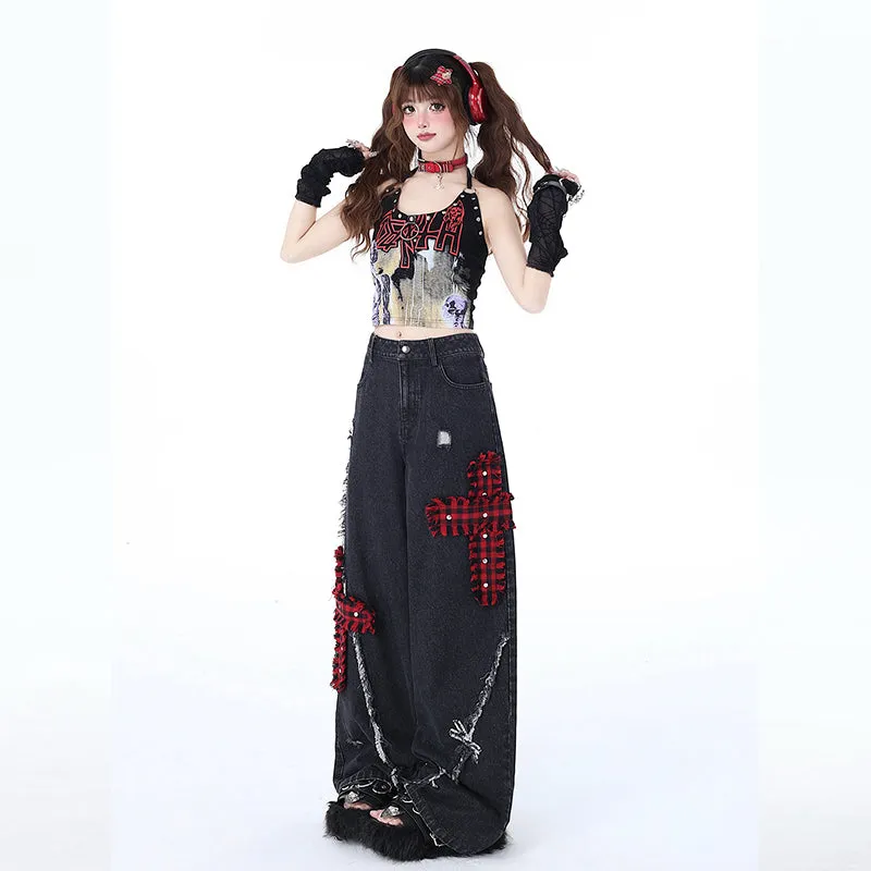 Punk Girl Style Ripped Straight Wide Leg Jeans