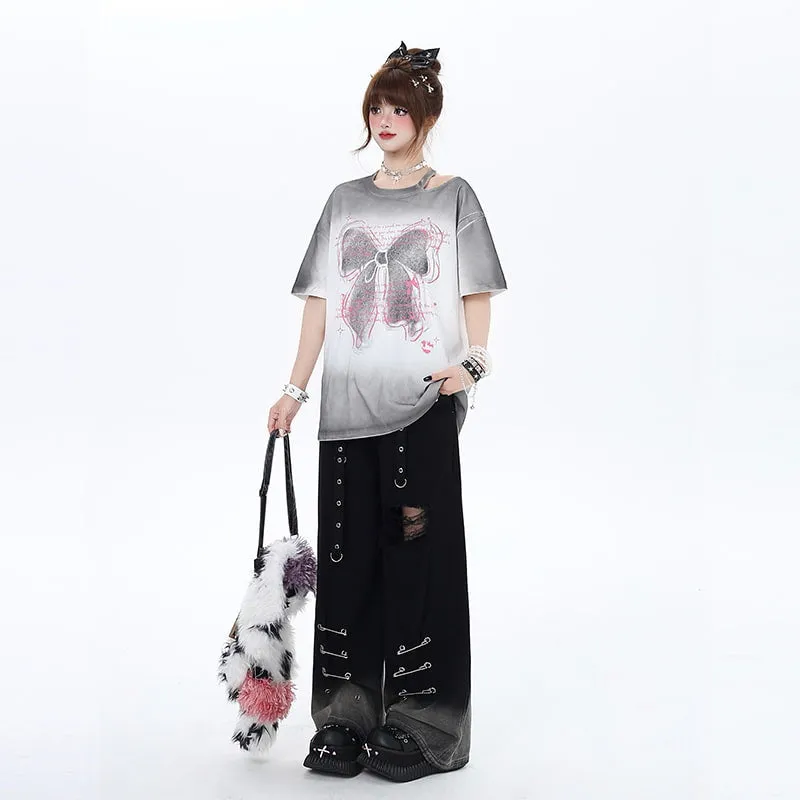 Punk Style Gradient Gray Hole Straight Jeans