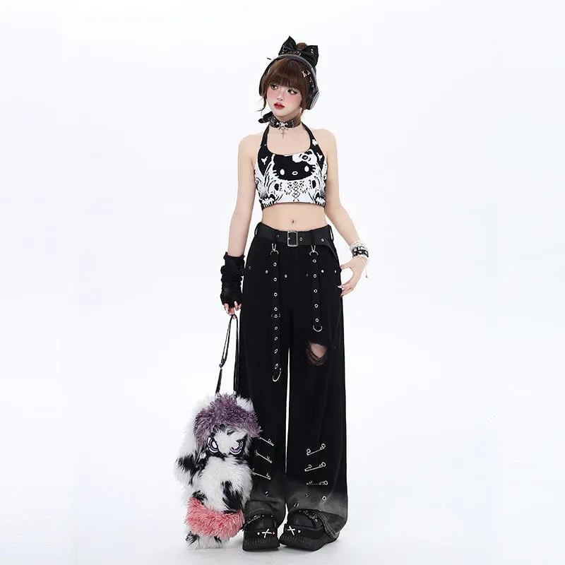 Punk Style Gradient Gray Hole Straight Jeans