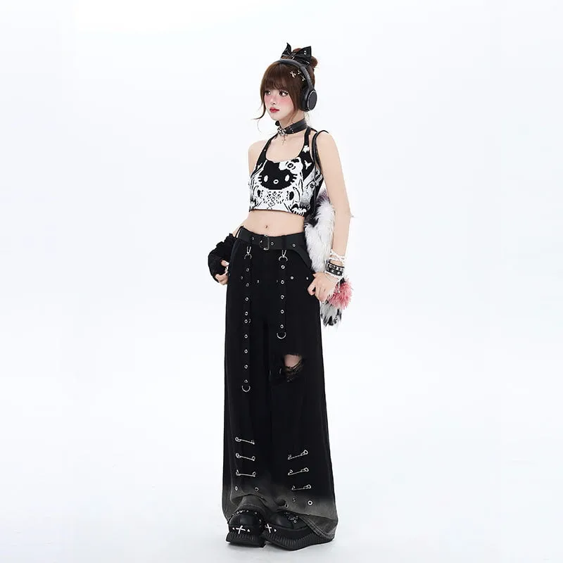 Punk Style Gradient Gray Hole Straight Jeans
