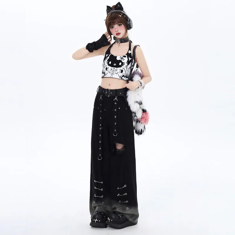 Punk Style Gradient Gray Hole Straight Jeans