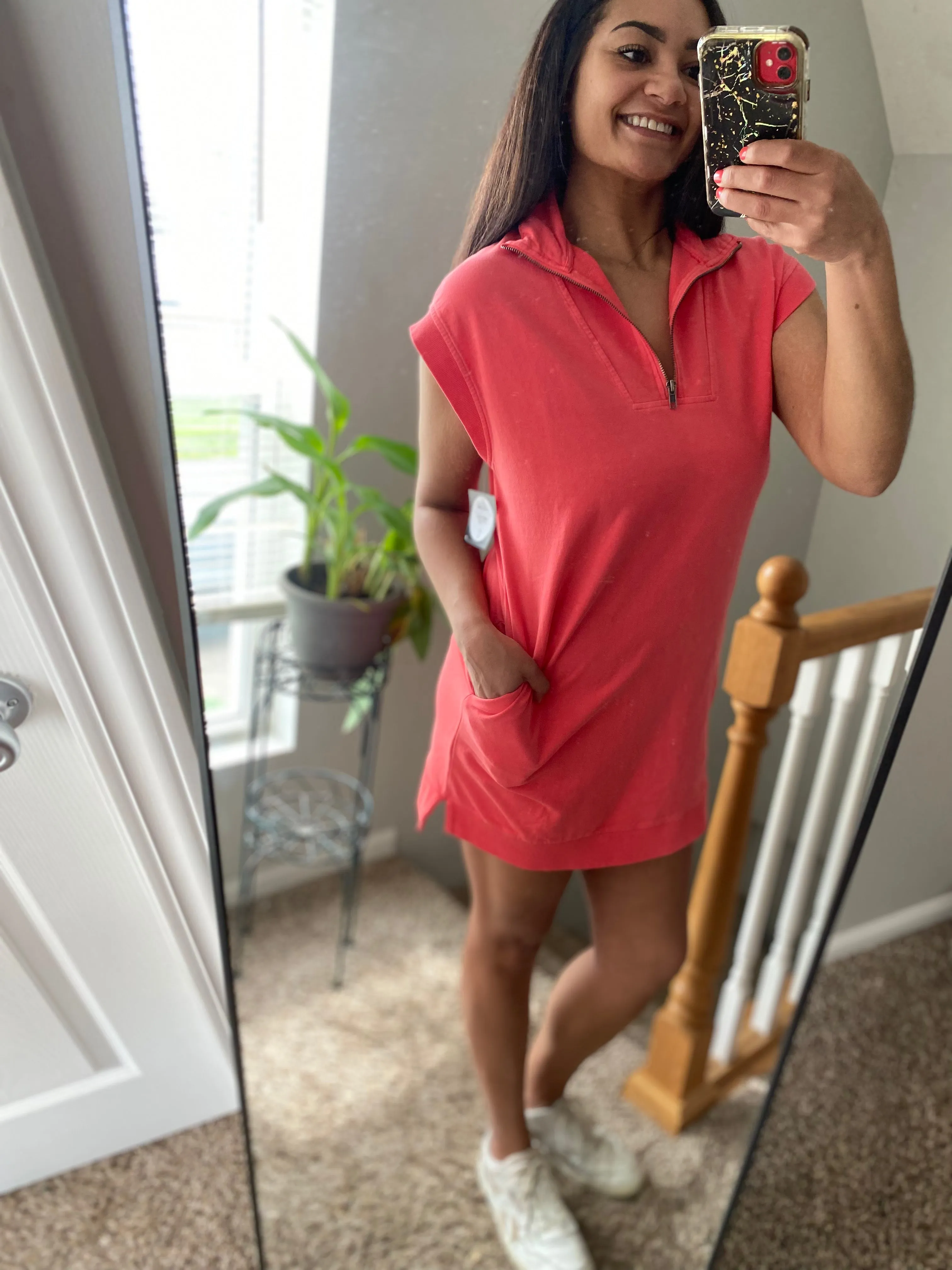 Quarter Zip Dress - Coral