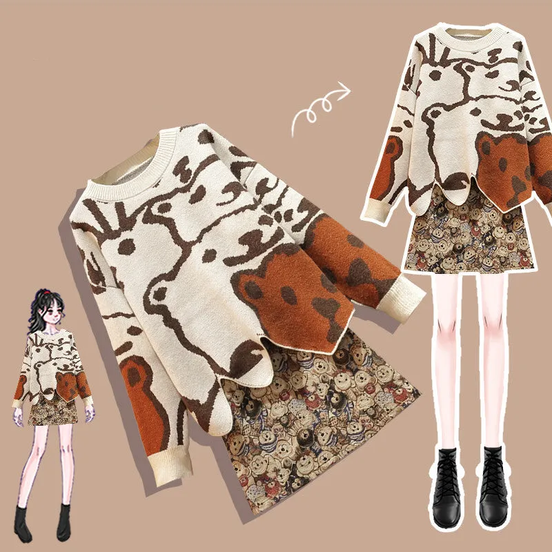 "FULL PRINT BEAR SWEATER" TOP/SKIRT N030903
