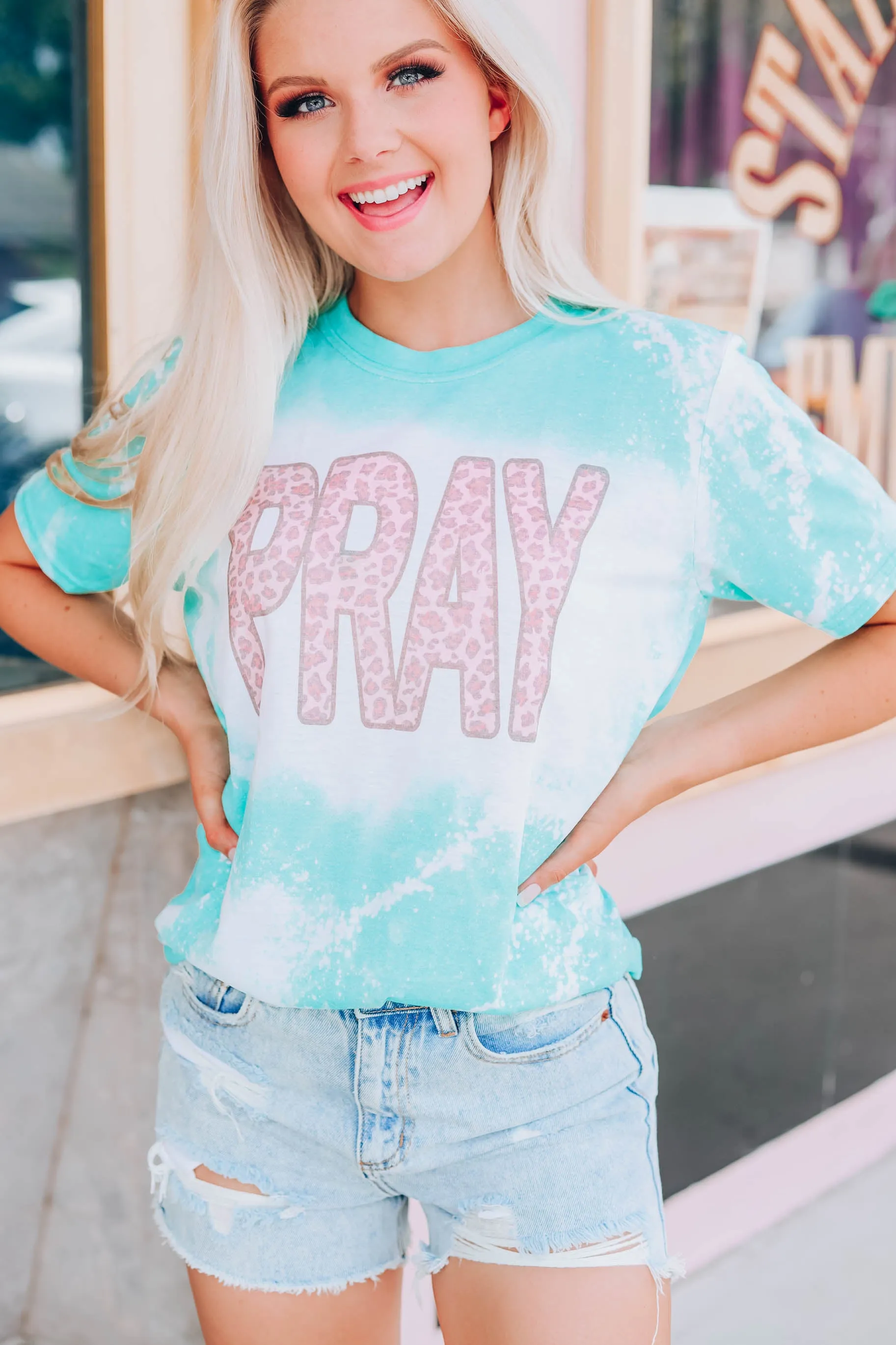 "Pray" Bleach Wash Graphic Tee - Mint