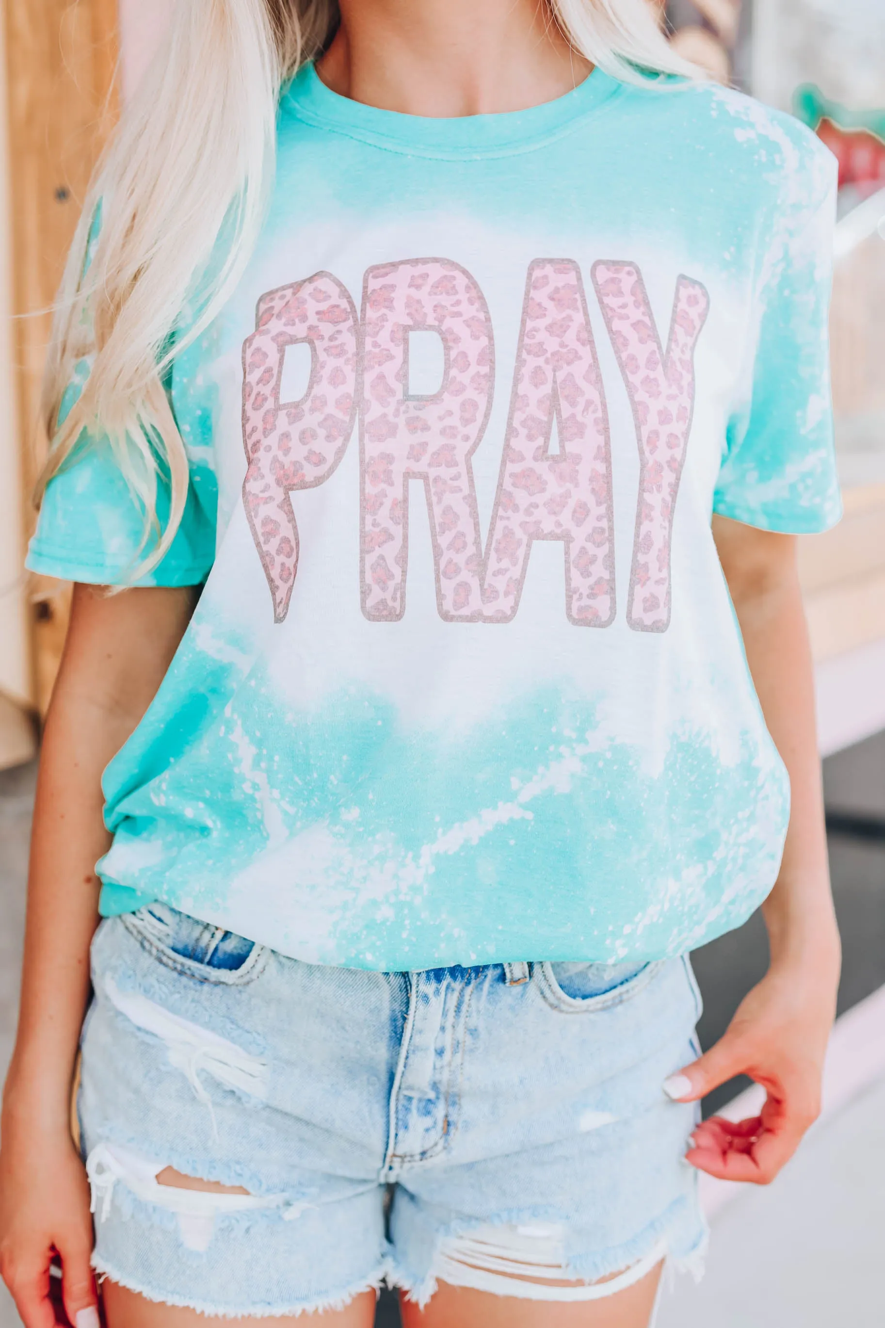 "Pray" Bleach Wash Graphic Tee - Mint