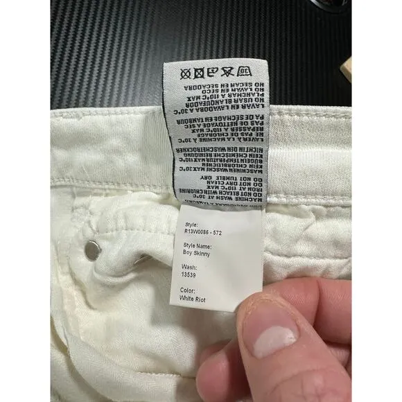 R13 Jeans Boy Skinny in White Riot Size 28 Mid Rise Ankle Made in Italy