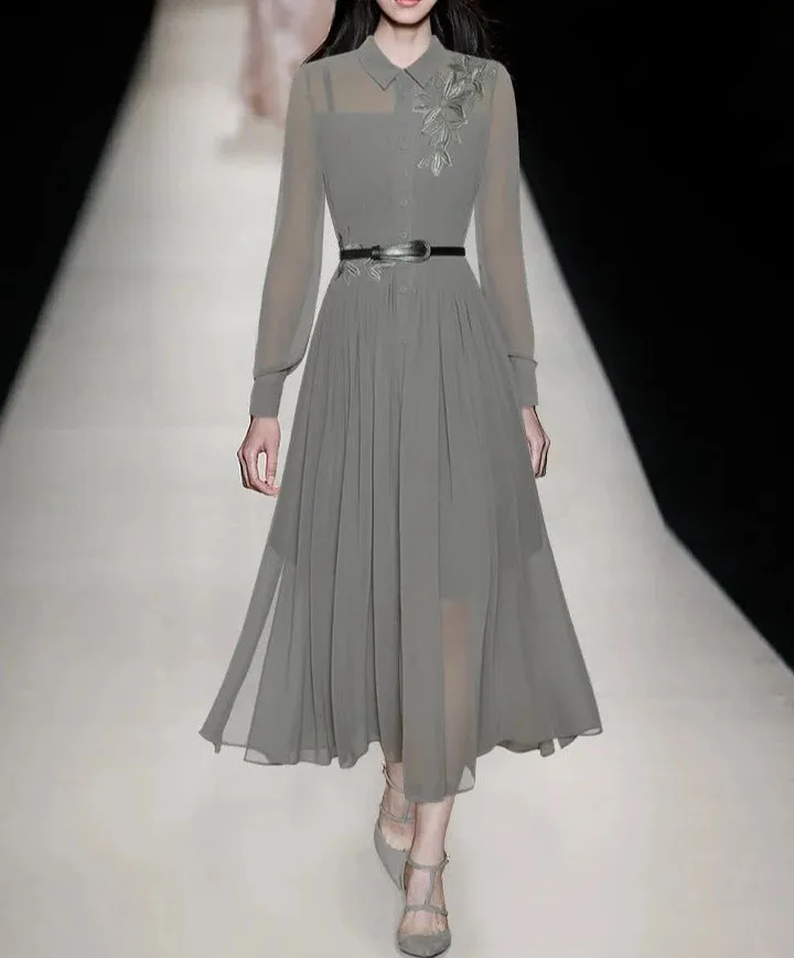 Rayleigh Vintage Pleated Embroidery High Waist Slim Long Dress