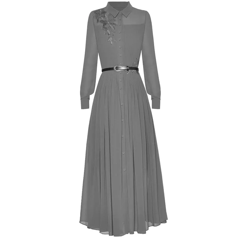 Rayleigh Vintage Pleated Embroidery High Waist Slim Long Dress
