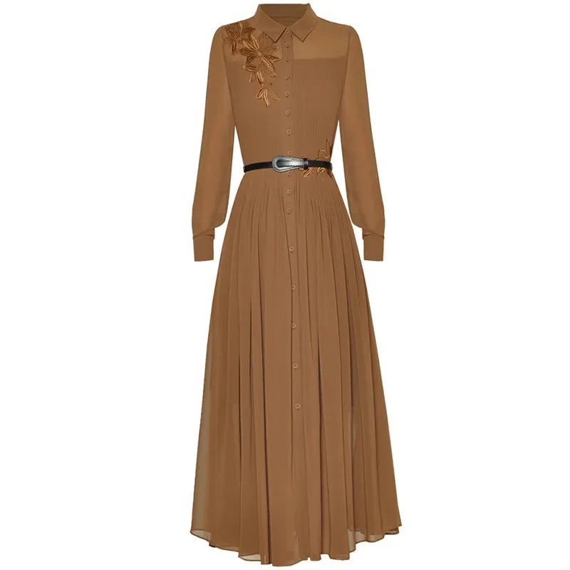 Rayleigh Vintage Pleated Embroidery High Waist Slim Long Dress