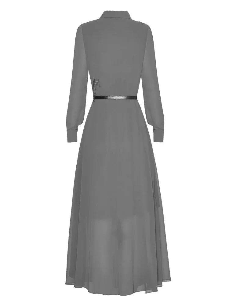 Rayleigh Vintage Pleated Embroidery High Waist Slim Long Dress