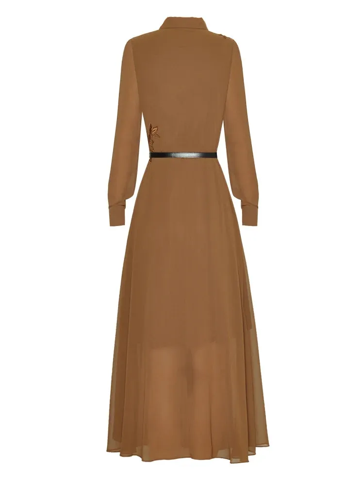 Rayleigh Vintage Pleated Embroidery High Waist Slim Long Dress