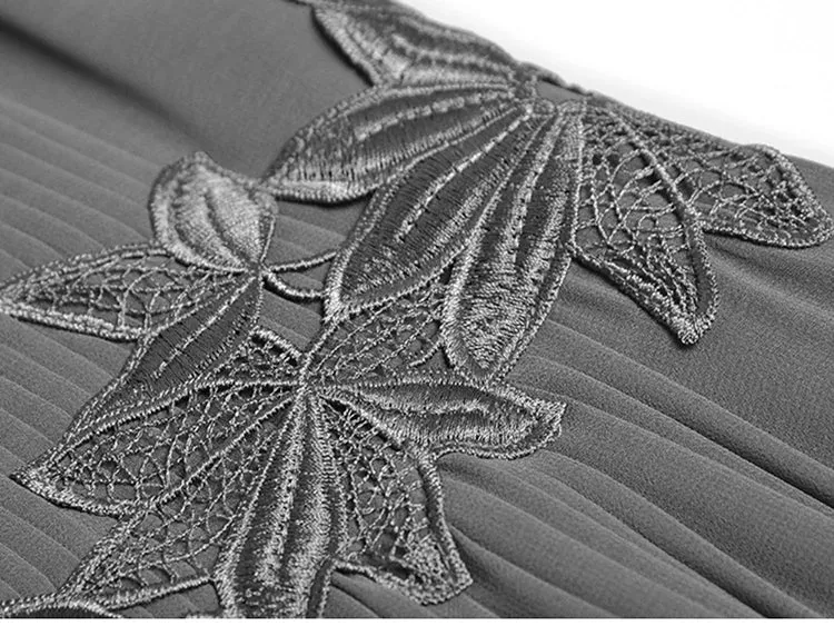 Rayleigh Vintage Pleated Embroidery High Waist Slim Long Dress
