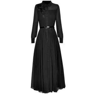 Rayleigh Vintage Pleated Embroidery High Waist Slim Long Dress