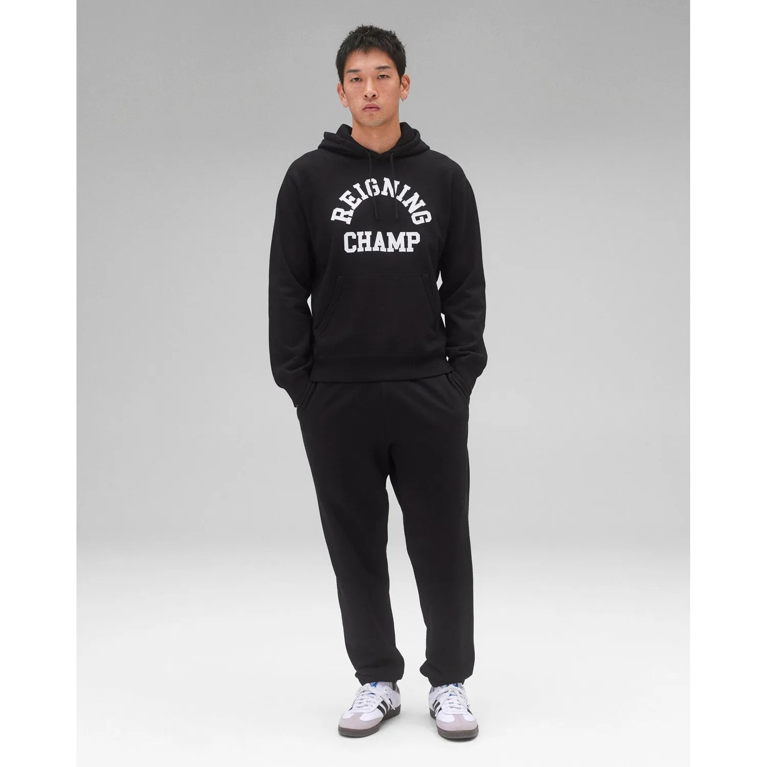 Reigning Champ Men Knit Midweight Terry Arch Logo Hoodie Black